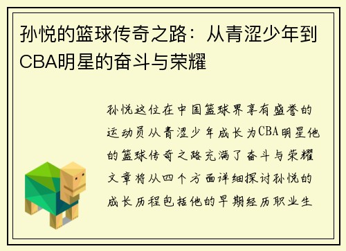 孙悦的篮球传奇之路：从青涩少年到CBA明星的奋斗与荣耀